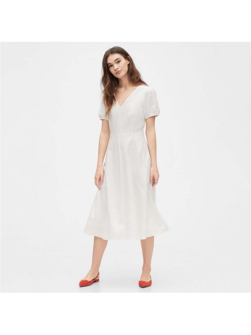 Gap White Linen V-Neck Puff Sleeve Midi Dress - Size 6 - Summer Boho Cottage - Picture 4 of 9